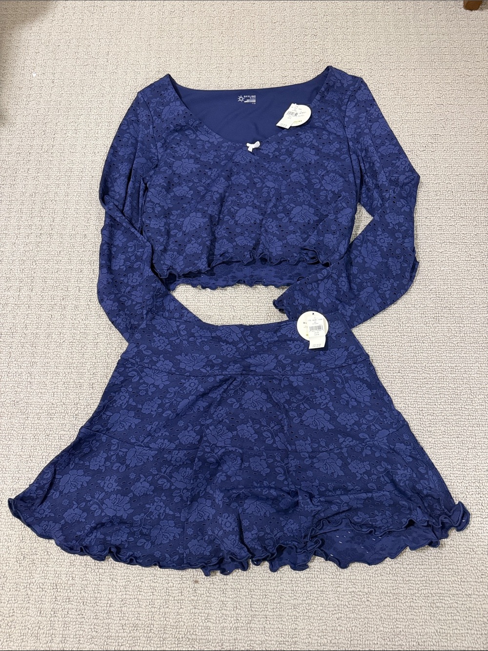 Offline Navy Floral Two-Piece Long Sleeve Crop Top & Skirt